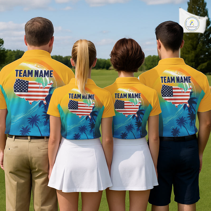 Men women golf team wearing matching palm trees ocean golf polo shirts, summer golf uniforms, golf outing apparel
