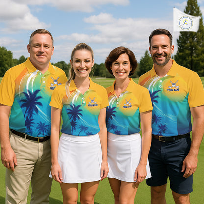 Men women golf team wearing matching palm trees ocean golf polo shirts, summer golf uniforms, golf outing apparel