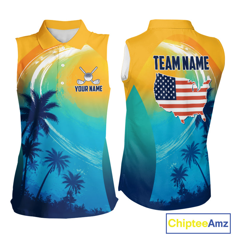 Summer palm trees women's golf polo shirt, personalized US flag golf apparel, tropical golf shirt, golf vacation clothing