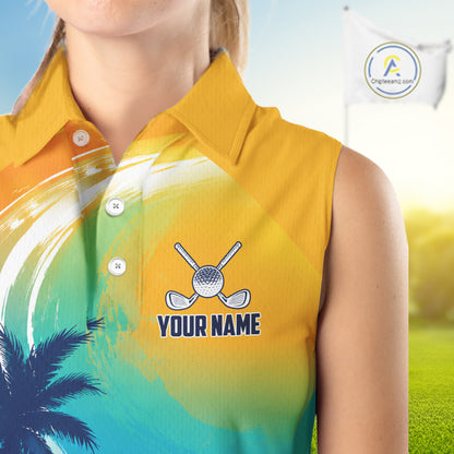 Female golfer wearing summer palm trees golf polo shirt, patriotic golf apparel, tropical golf outfit