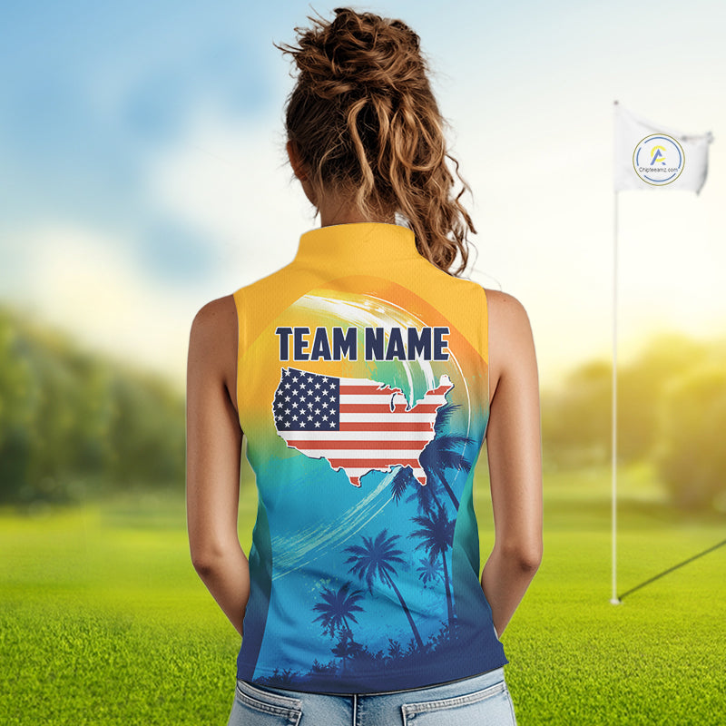 Female golfer wearing summer palm trees golf polo shirt, patriotic golf apparel, tropical golf outfit