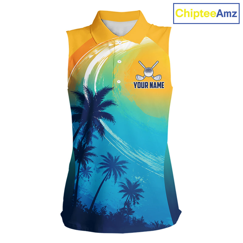 Summer palm trees women's golf polo shirt, personalized US flag golf apparel, tropical golf shirt, golf vacation clothing