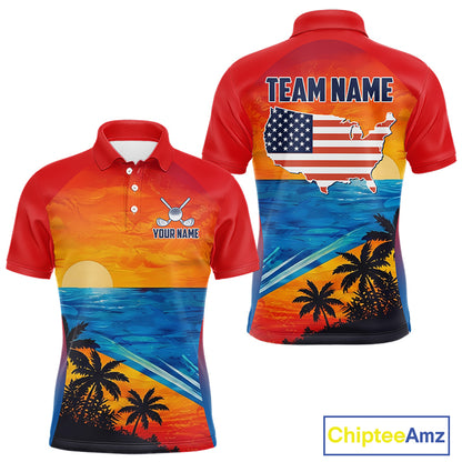 Palm trees and ocean men's golf polo shirt, patriotic golf apparel, beach golf shirt, custom golf team clothing