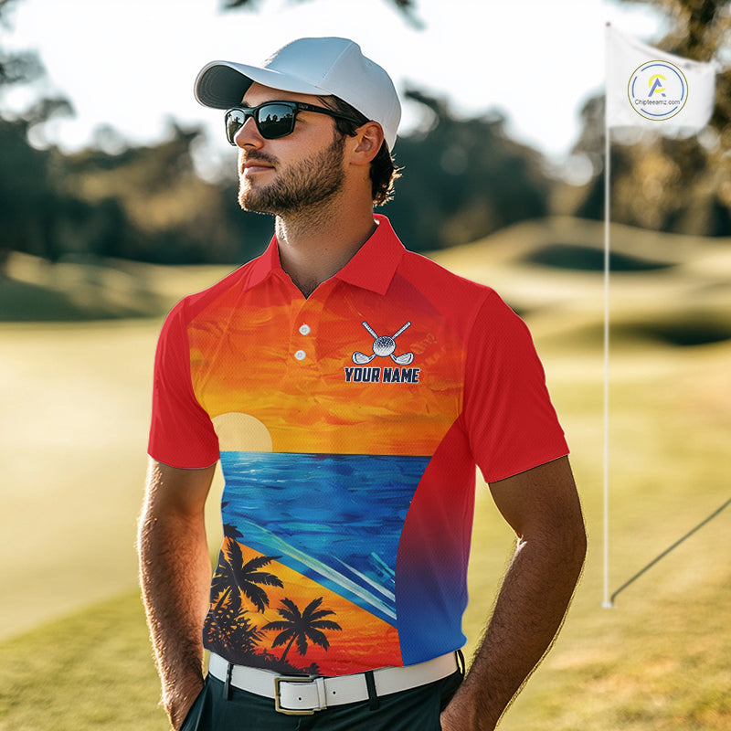 Male golfer wearing palm trees and ocean golf polo shirt, summer golf apparel, beach golf outfit