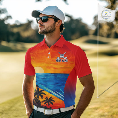 Male golfer wearing palm trees and ocean golf polo shirt, summer golf apparel, beach golf outfit