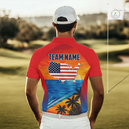 Male golfer wearing palm trees and ocean golf polo shirt, summer golf apparel, beach golf outfit