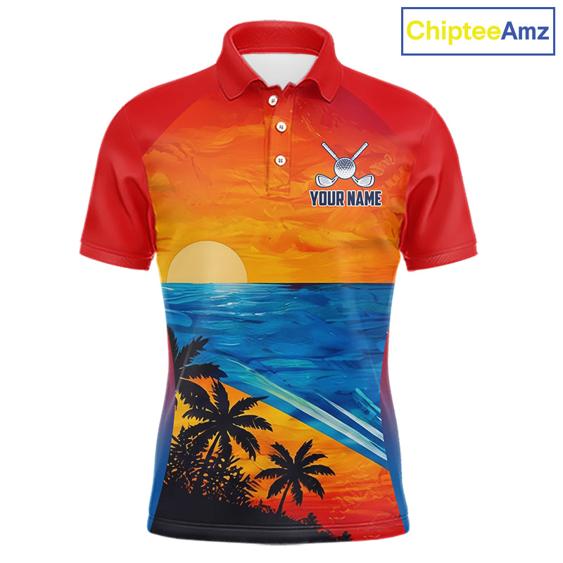 Palm trees and ocean men's golf polo shirt, patriotic golf apparel, beach golf shirt, custom golf team clothing