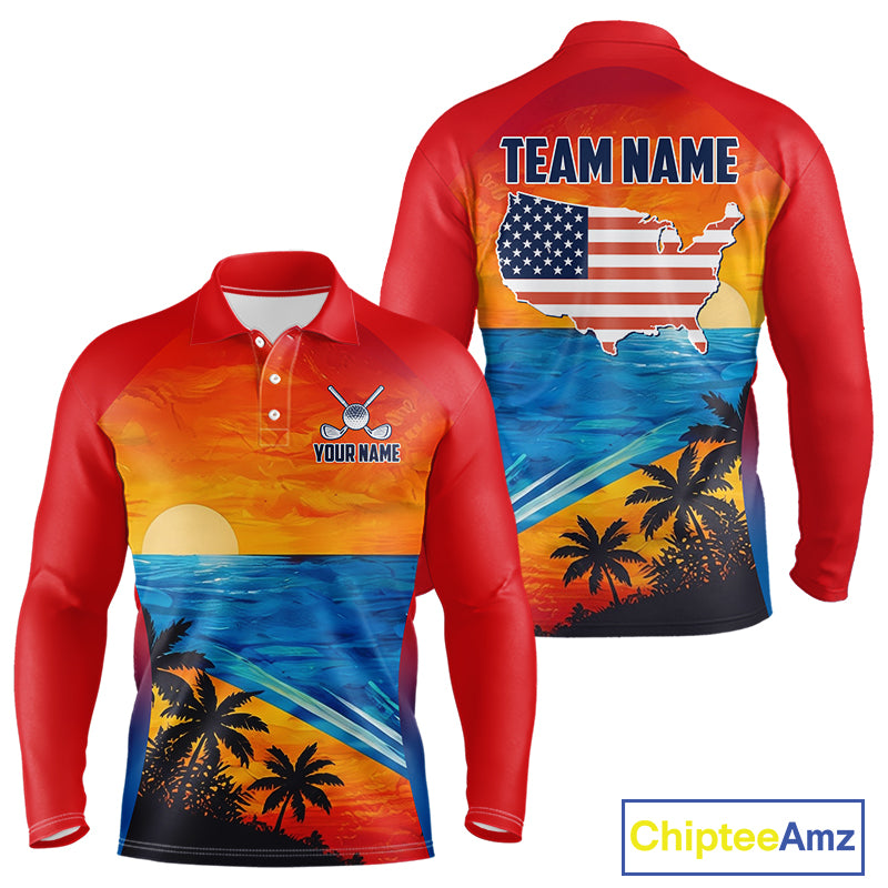 Palm trees and ocean men's golf long sleeves polo shirt, patriotic golf apparel, beach golf shirt, custom golf team clothing