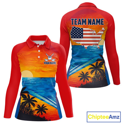 Palm trees and ocean women's golf polo shirt, patriotic golf apparel, beach golf shirt, custom golf team clothing