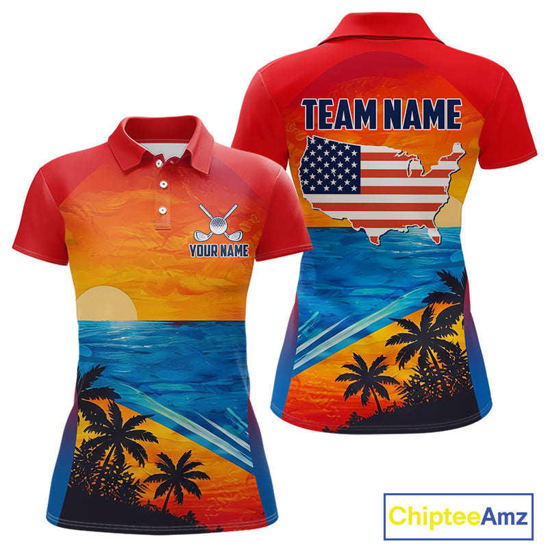 Palm trees and ocean women's golf polo shirt, patriotic golf apparel, beach golf shirt, custom golf team clothing