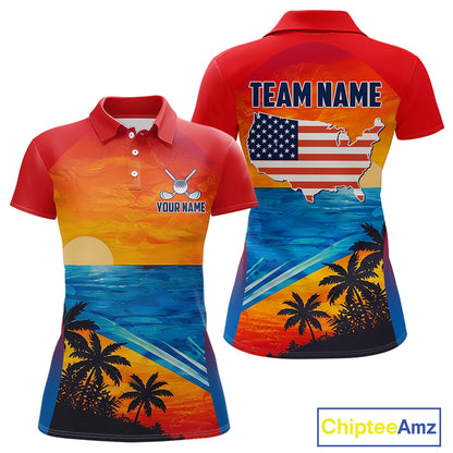 Palm trees and ocean women's golf polo shirt, patriotic golf apparel, beach golf shirt, custom golf team clothing