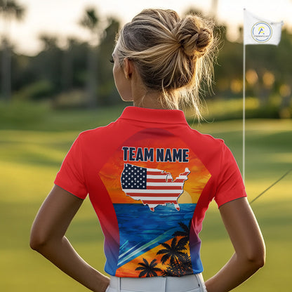 Female golfer wearing palm trees and ocean golf polo shirt, summer golf apparel, beach golf outfit