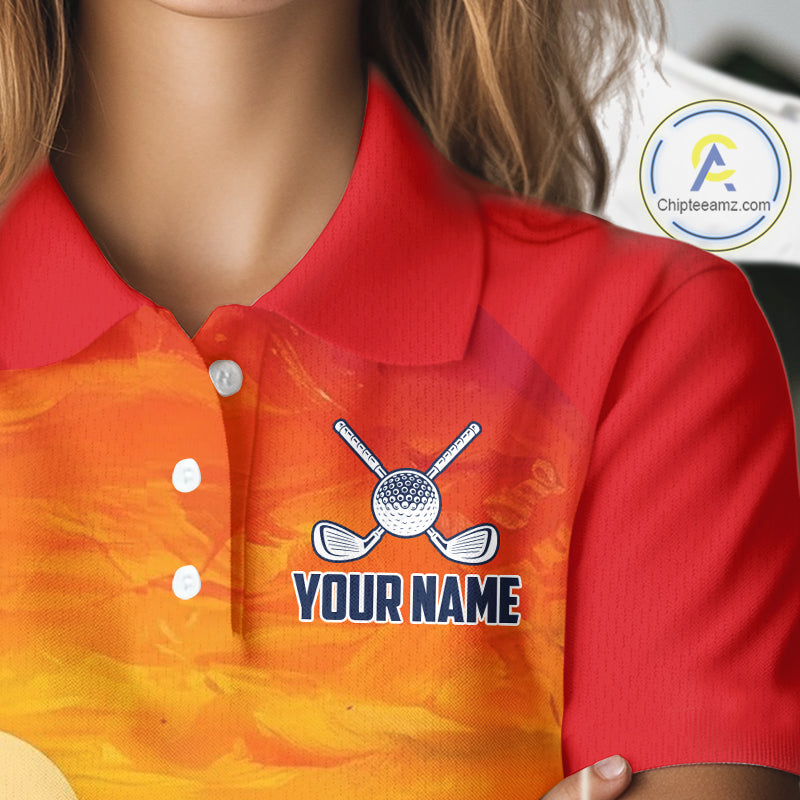 Female golfer wearing palm trees and ocean golf polo shirt, summer golf apparel, beach golf outfit
