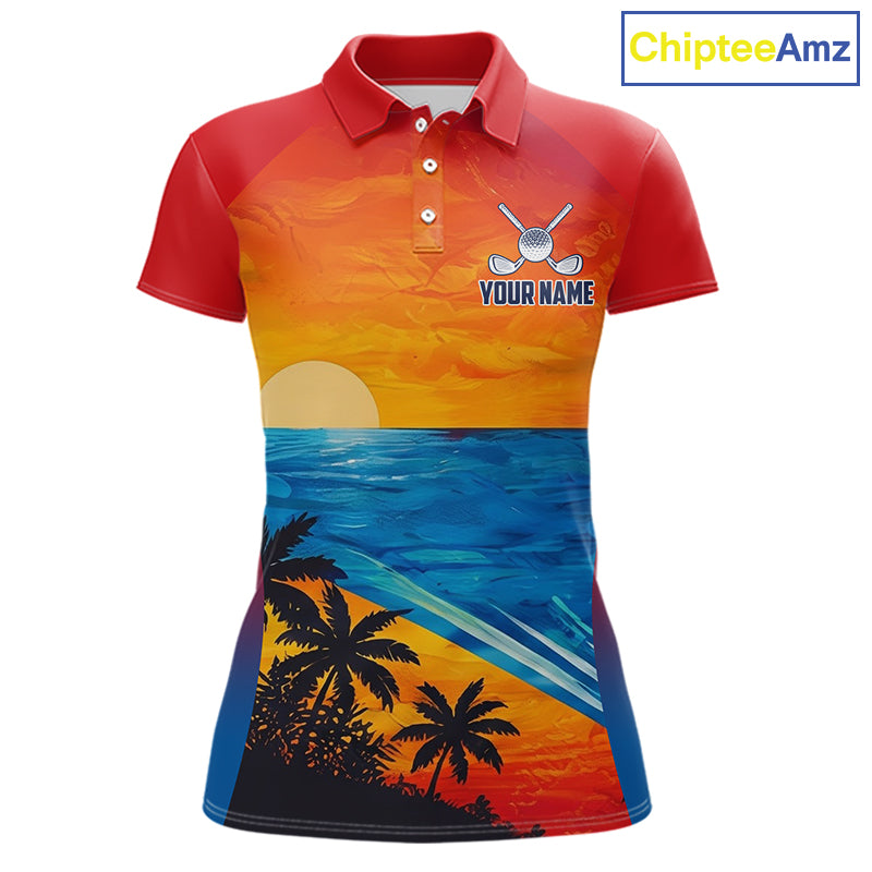 Palm trees and ocean women's golf polo shirt, patriotic golf apparel, beach golf shirt, custom golf team clothing