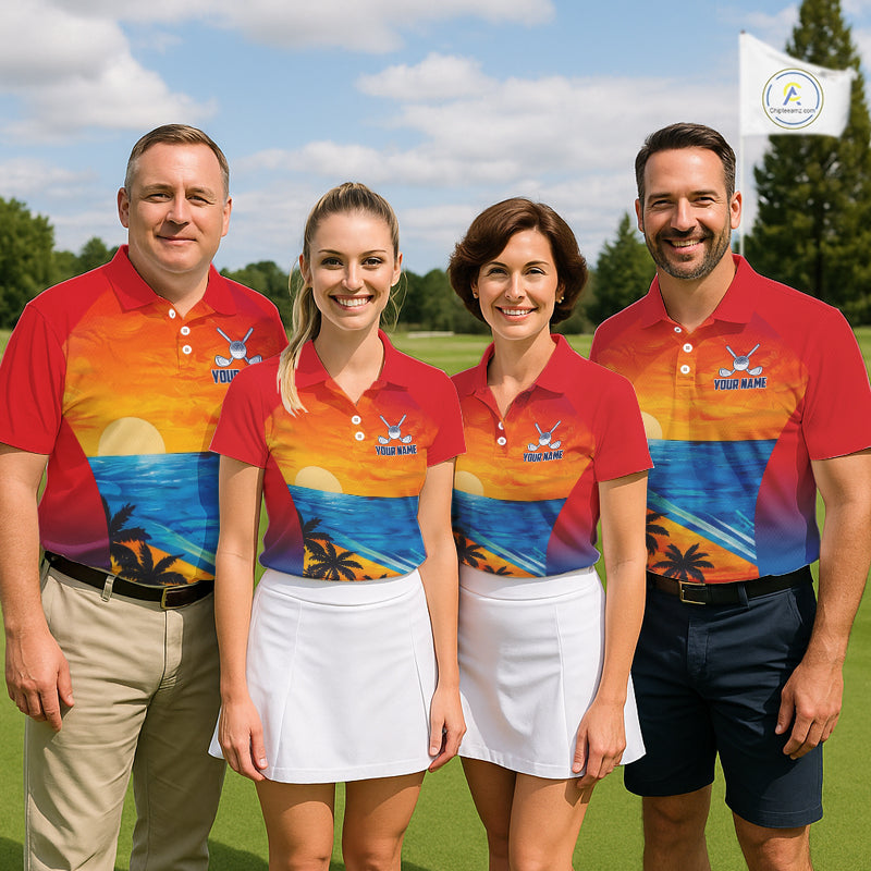 Men women golf team wearing matching palm trees ocean golf polo shirts, summer golf uniforms, golf outing apparel