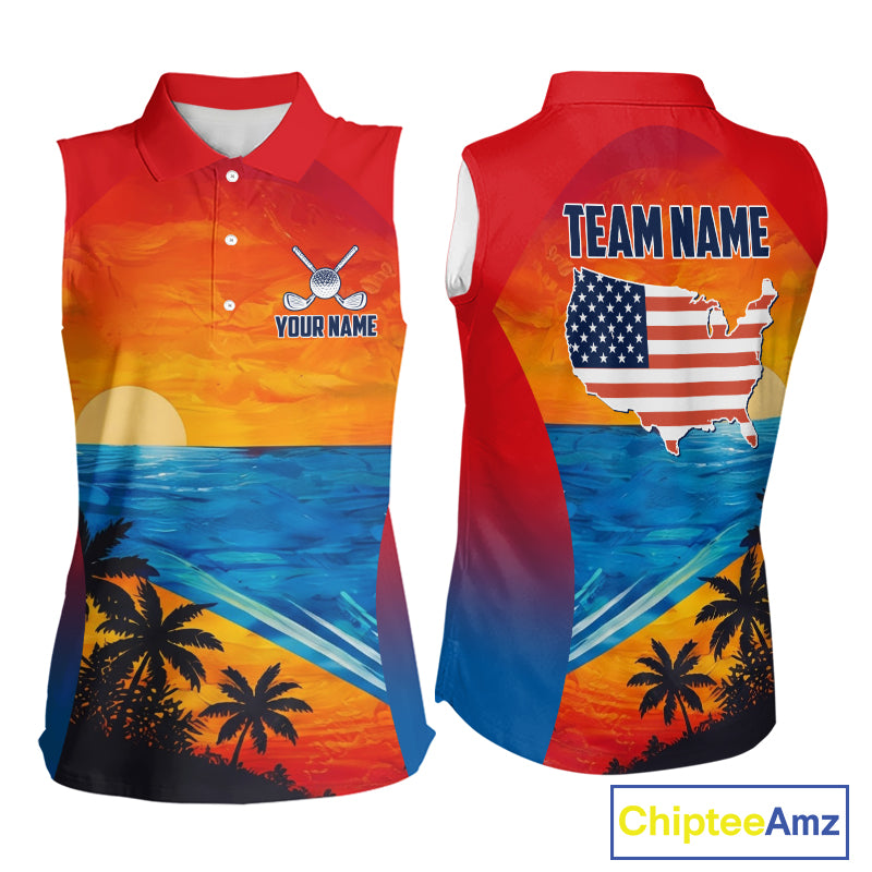 Palm trees and ocean women's golf polo shirt, patriotic golf apparel, beach golf shirt, custom golf team clothing