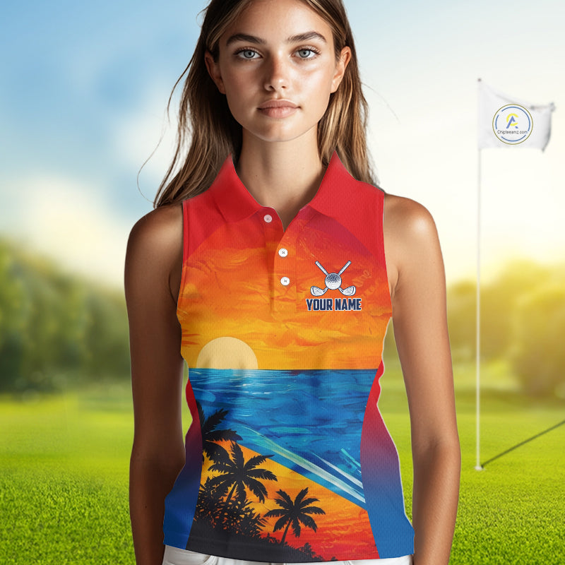Female golfer wearing palm trees and ocean golf polo shirt, summer golf apparel, beach golf outfit