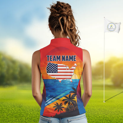 Female golfer wearing palm trees and ocean golf polo shirt, summer golf apparel, beach golf outfit