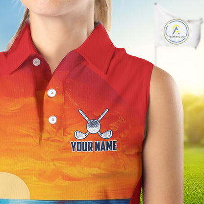 Female golfer wearing palm trees and ocean golf polo shirt, summer golf apparel, beach golf outfit
