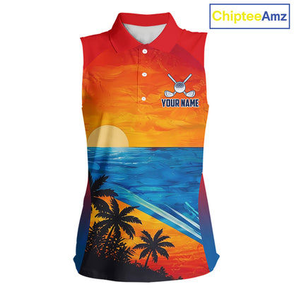 Palm trees and ocean women's golf polo shirt, patriotic golf apparel, beach golf shirt, custom golf team clothing