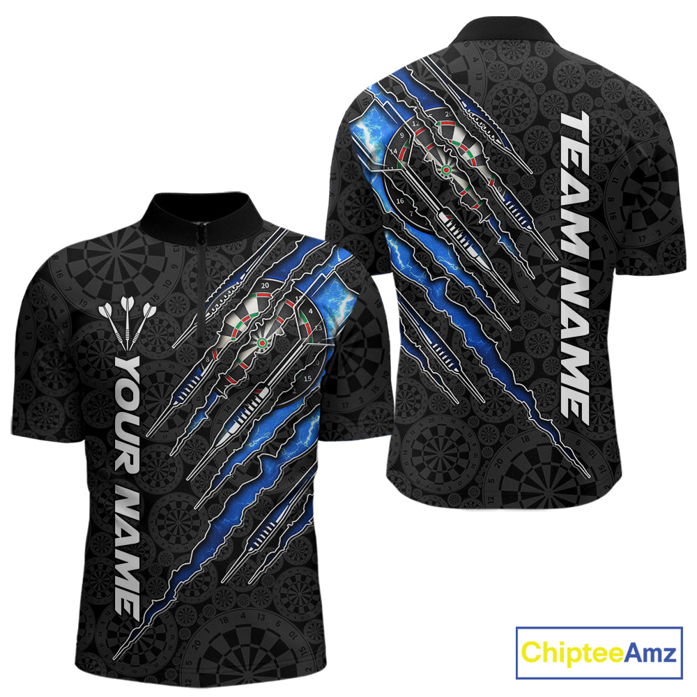 Custom Thunder Lightning Blue Men's Quarter-Zip Darts Shirt, Personalized Performance Dart Team Jersey, Electric Storm Athletic Apparel, Competitive League Uniform, Victory, Precision & Leadership