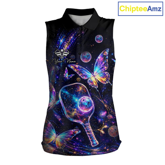 Butterfly Rainbow Holographic Women's Pickleball Sleeveless Polo, Personalized Rainbow Butterfly Polo, Colorful Paddle League Apparel, Positive Energy & Freedom