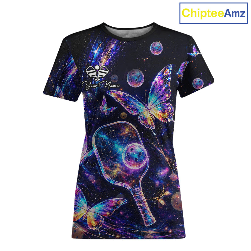 Butterfly Rainbow Holographic Women's Pickleball T-Shirt, Personalized Colorful Pickleball Shirt, Rainbow Butterfly Sports Apparel, League Tournament Tee