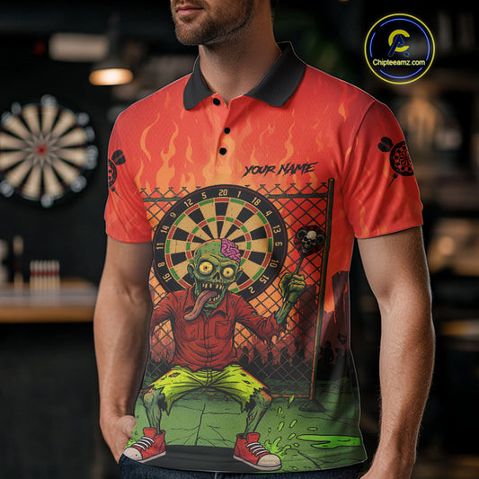 Custom Green & Orange Funny Zombie Dartboard Dart Men Polo Jerseys Funny Dart Shirts NYN1742
