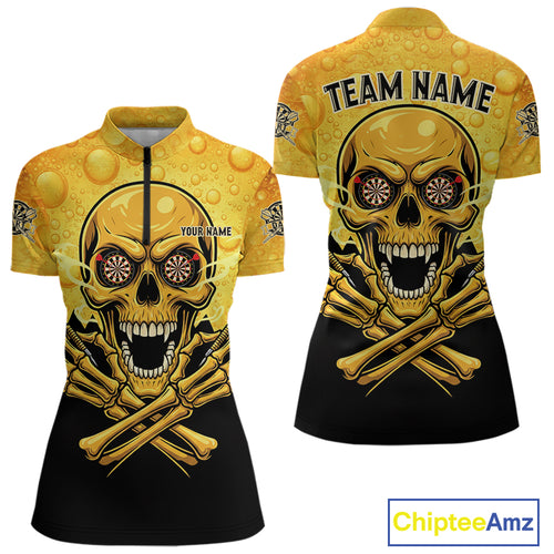 Funny Beer & Skull Dartboard Women Quarter-Zip Darts Shirt Custom Name & Team Dart Jersey NYN2011