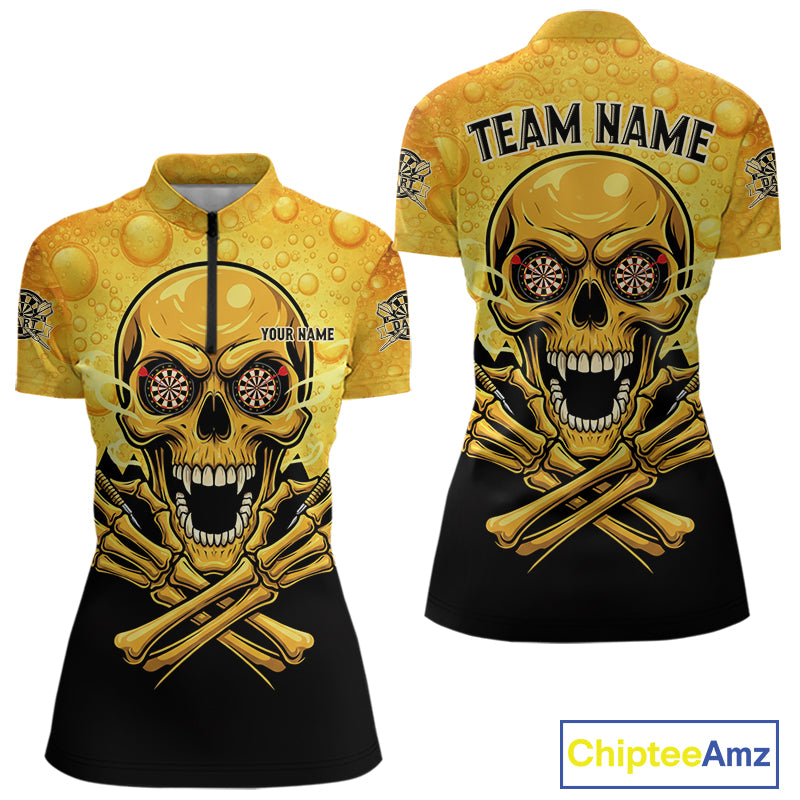 Funny Beer & Skull Dartboard Women Quarter-Zip Darts Shirt Custom Name & Team Dart Jersey NYN2011