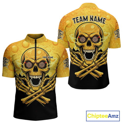 Funny Beer & Skull Dartboard Men Quarter-Zip Darts Shirt Custom Name & Team Dart Jersey NYN2011