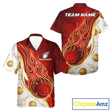 Load image into Gallery viewer, Gold and Red Flames bowling Hawaiian shirt featuring bold flame graphics, custom aloha bowling button-up shirt, tropical summer bowling apparel, personalized team uniform, championship bowling vacation shirt