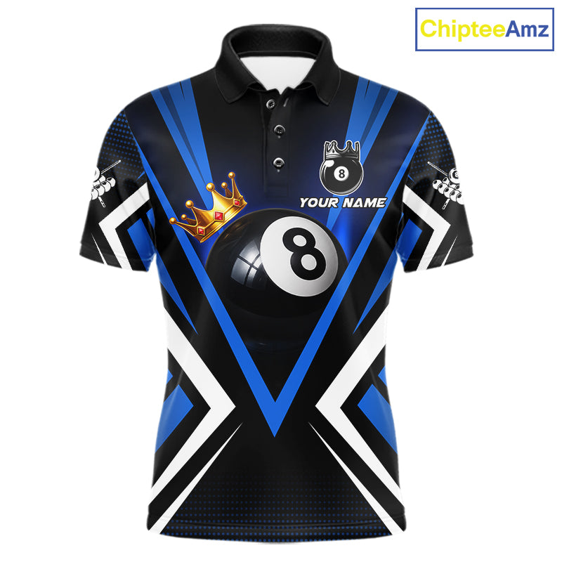 Crown 8 ball black and blue billiard polo shirt for men custom pool apparel
