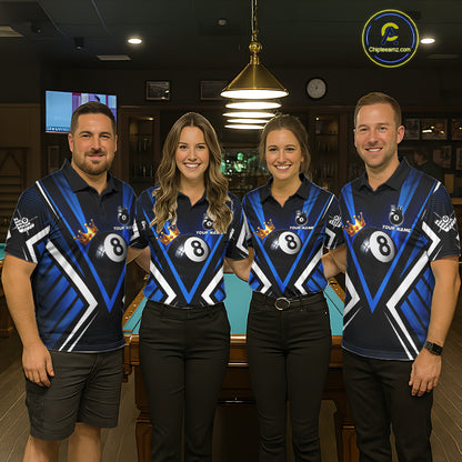 Personalized Crown 8 Ball Pool Black And Blue Polo Shirts For Men, Custom Billiard Team Apparel NYN3292