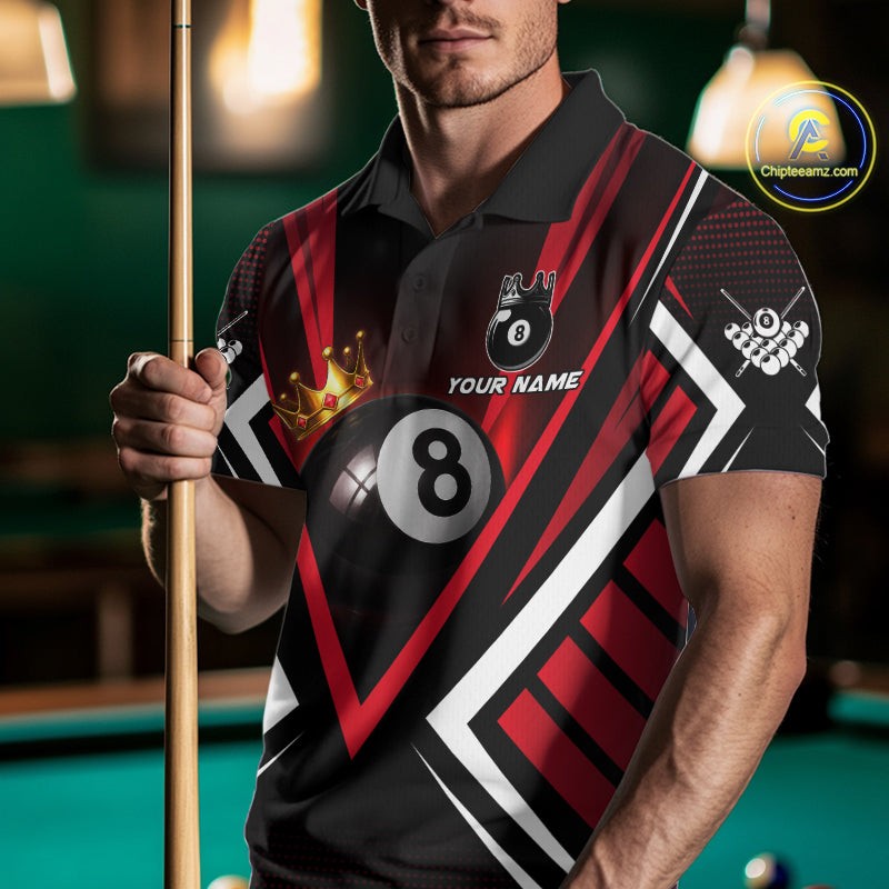Personalized Crown 8 Ball Pool Black And Red Polo Shirts For Men, Custom Billiard Team Apparel NYN3293