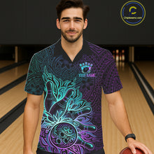 Load image into Gallery viewer, Male and female models wearing Blue and Purple Tribal Pattern bowling Hawaiian shirts, stylish tribal bowling apparel, tropical resort button-up shirts, custom league uniforms inspired by culture, unity, confidence and adventure