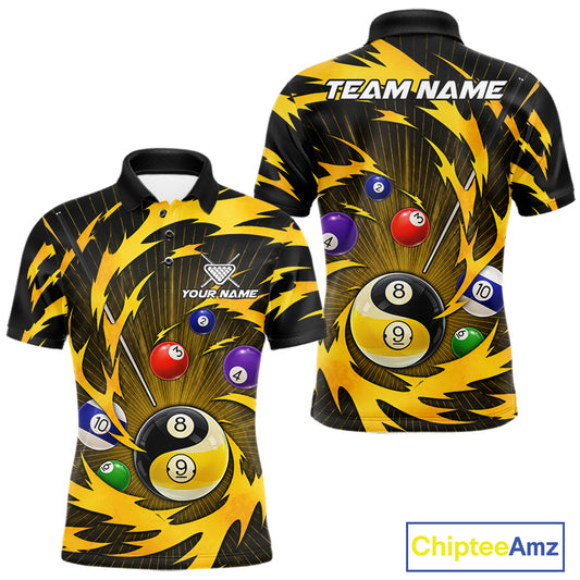 Yellow tornado yin yang billiard polo shirt for men with custom 8 ball and 9 ball graphics
