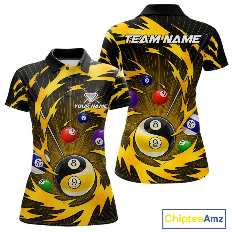 Yellow tornado yin yang billiard polo shirt for women with custom 8 ball and 9 ball graphics