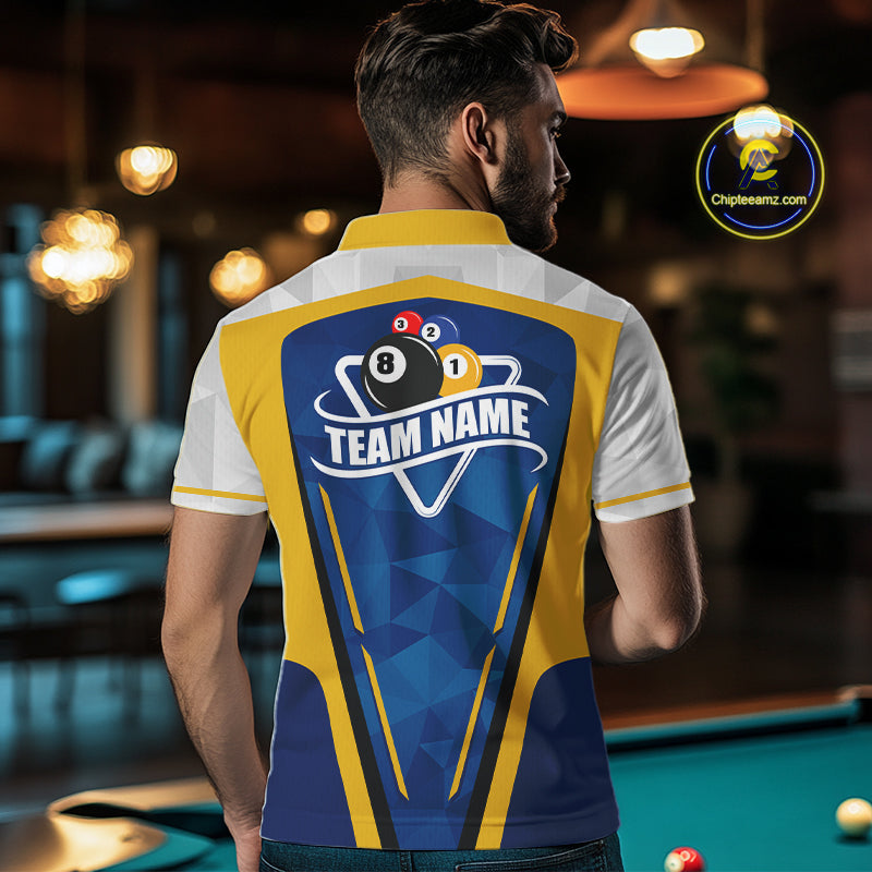 Yellow And Blue Geometric Mens Billiard Shirts Custom Polo & 1/4-Zip Billiard Team Jersey NYN3306