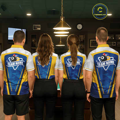 Yellow And Blue Geometric Mens Billiard Shirts Custom Polo & 1/4-Zip Billiard Team Jersey NYN3306