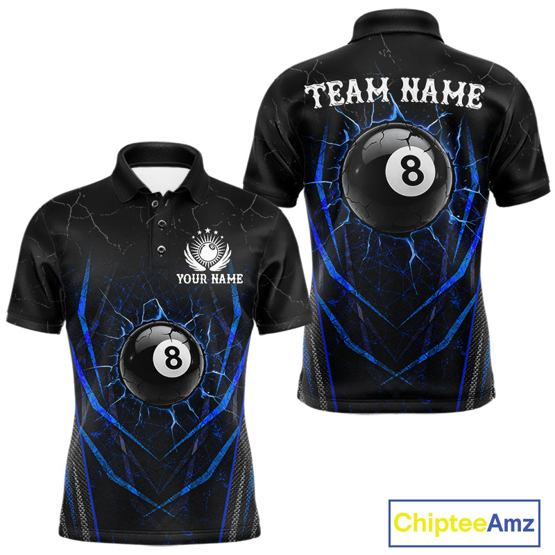 Black and blue broken glass 8 ball billiard polo shirt for men custom team jersey