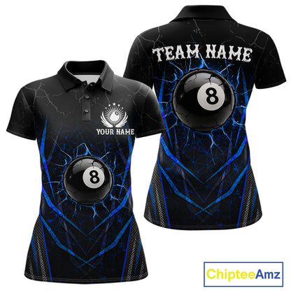 Black and blue broken glass 8 ball billiard polo shirt for women custom team jersey