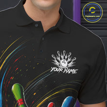 Load image into Gallery viewer, Male bowler wearing splatter colorful bowling ball and pins bowling jersey, custom bowling team shirt, bowling league apparel, tournament bowling outfit