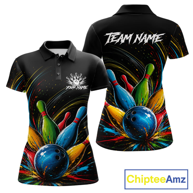 Splatter colorful bowling ball and pins women's bowling polo shirt, custom bowling team jersey, splash bowling league uniform, personalized bowling apparel, bowling tournament shirt, performance bowling polo