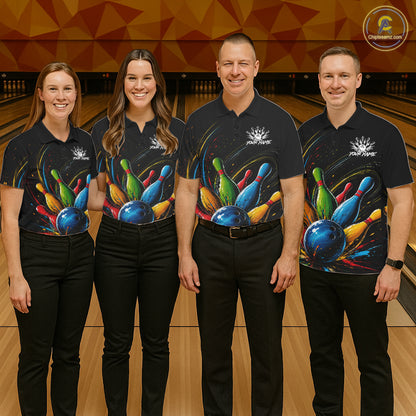 Men women bowling team wearing matching splatter colorful bowling jerseys, custom bowling team uniforms, bowling league shirts, tournament bowling apparel