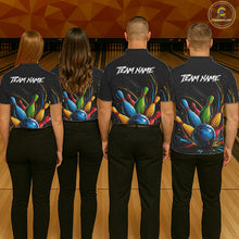 Load image into Gallery viewer, Men women bowling team wearing matching splatter colorful bowling jerseys, custom bowling team uniforms, bowling league shirts, tournament bowling apparel