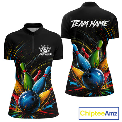 Splatter colorful bowling ball and pins women's bowling quarter-zip shirt, custom bowling team uniform, splash bowling jersey, personalized bowling league apparel, tournament bowling clothing