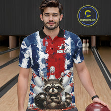 Load image into Gallery viewer, Male bowler wearing funny raccoon bowling ball and pins jersey, custom bowling shirt, bowling league apparel, personalized bowling clothing