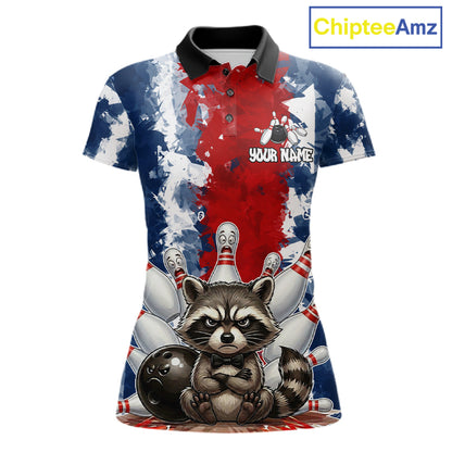 Funny raccoon bowling ball and pins women's bowling polo shirt, red and blue bowling jersey, custom bowling team shirt, personalized bowling apparel, bowling league uniform