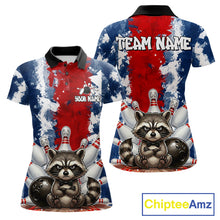Load image into Gallery viewer, Funny raccoon bowling ball and pins women's bowling polo shirt, red and blue bowling jersey, custom bowling team shirt, personalized bowling apparel, bowling league uniform
